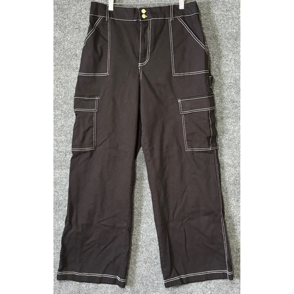 Rue 21 Womens XL Cargo Pants Black White Stitch High Rise Wide Leg
